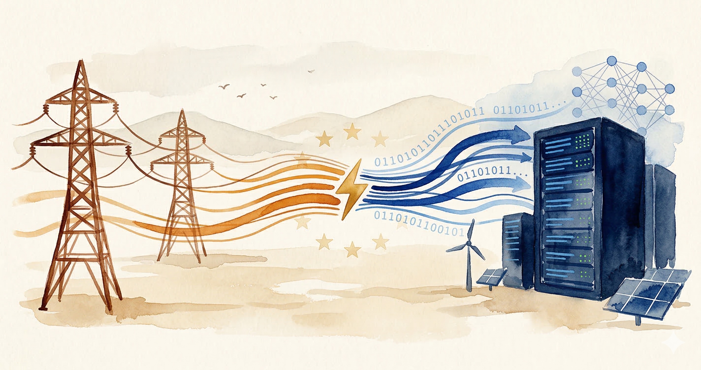 Watercolor illustration of high-voltage transmission towers connected by power lines that transform into flowing data streams reaching a modern data center, symbolizing the link between energy infrastructure and AI sovereignty